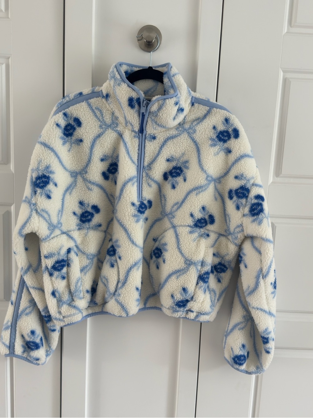Old Navy Cream Sherpa Half-Zip Pullover with Blue Floral Print